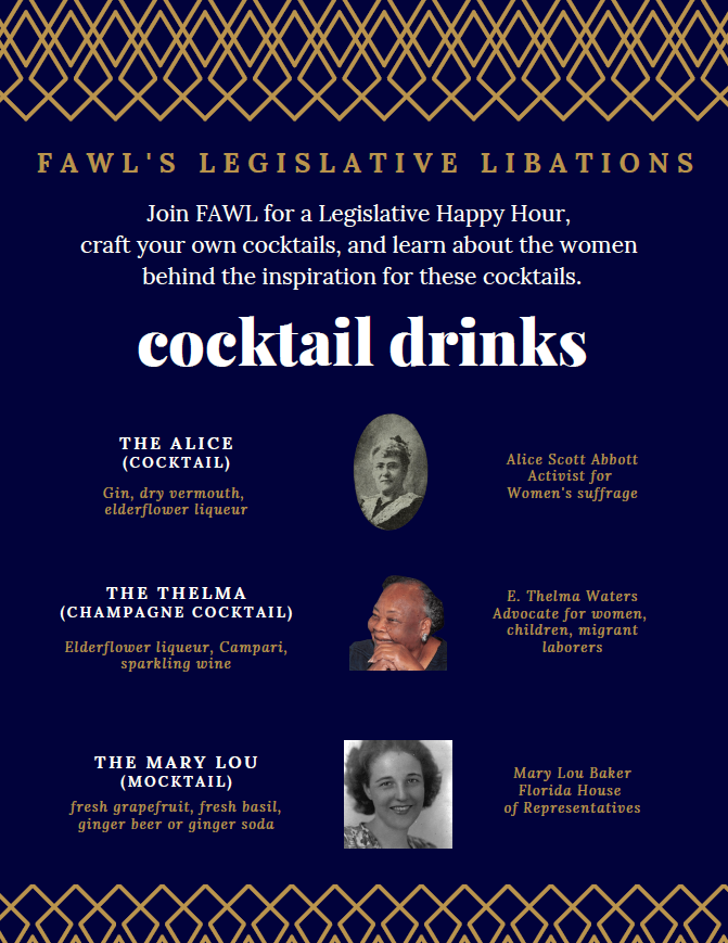 FAWL_FAWL's tweet photo. Don't miss the virtual "Legislative Libations" reception next Tuesday at 5pm during Lobby Days featuring a guest bartender! She will show you how to make these refreshing cocktails named after three extraordinary women. Register for Lobby Days at https://t.co/rvYSvk7PBU today! https://t.co/fYpXHqpxlr