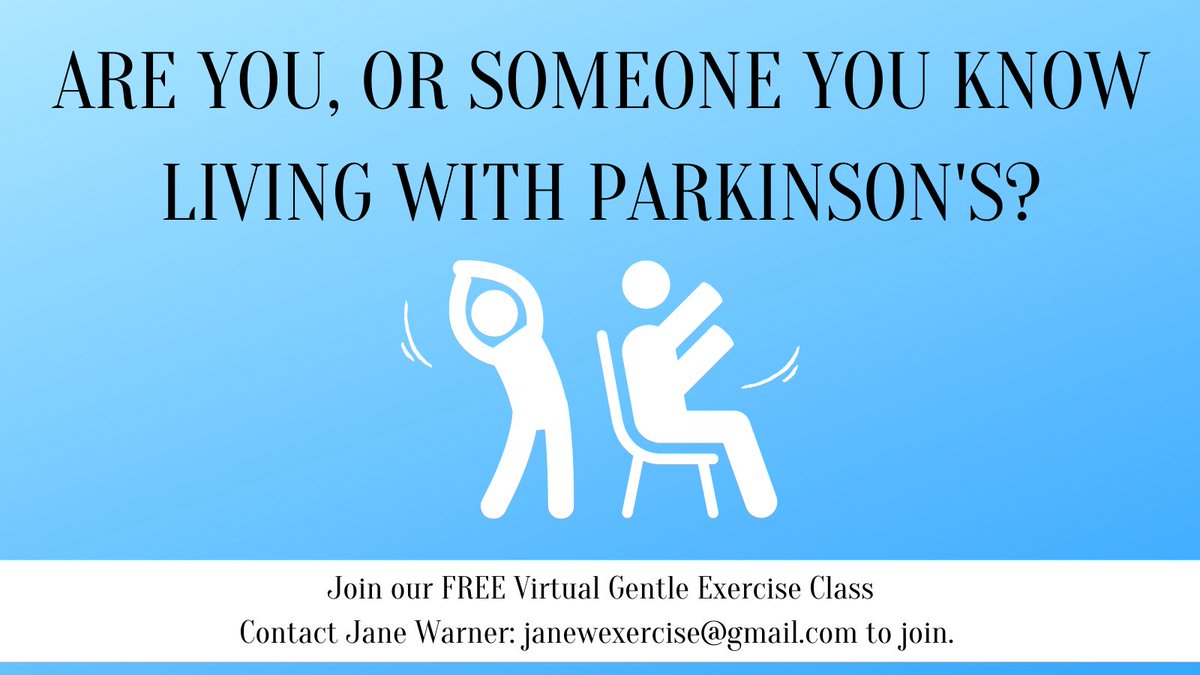Are you, or someone you know living with #ParkinsonsDisease in #Bedfordshire?
Join our weekly FREE virtual #GentleExercise classes via Zoom.  
👉Exercise that helps manage symptoms
👉Classmates with similar experience to chat to
👉Instructor with brilliant Parkinson's knowledge