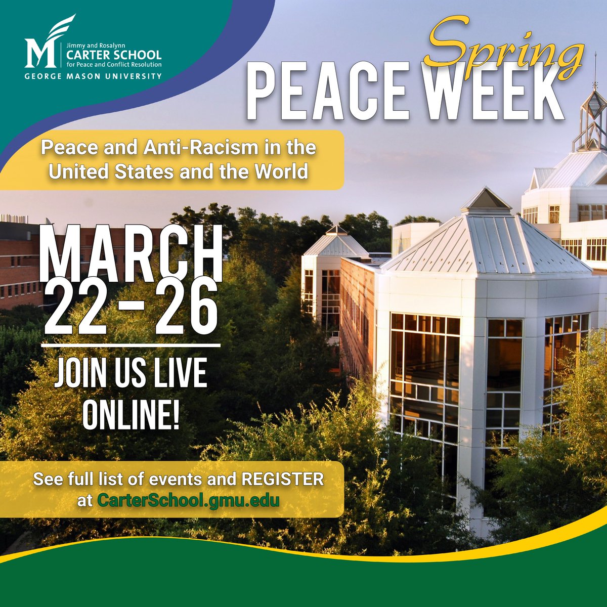 AfPeacebuilding's tweet photo. Join the #BetterEvidenceProject and @GMUCarterSchool for #PeaceWeek🕊️ from March 22-26. BEP Exec. Director Dr. Kristina Hook will be facilitating discussions w/ leading experts on the theme of peace & anti-racism in the US and the world.
👉 Register here: https://t.co/XxQBKK2zJ4 https://t.co/AA8Kkm7Pz8