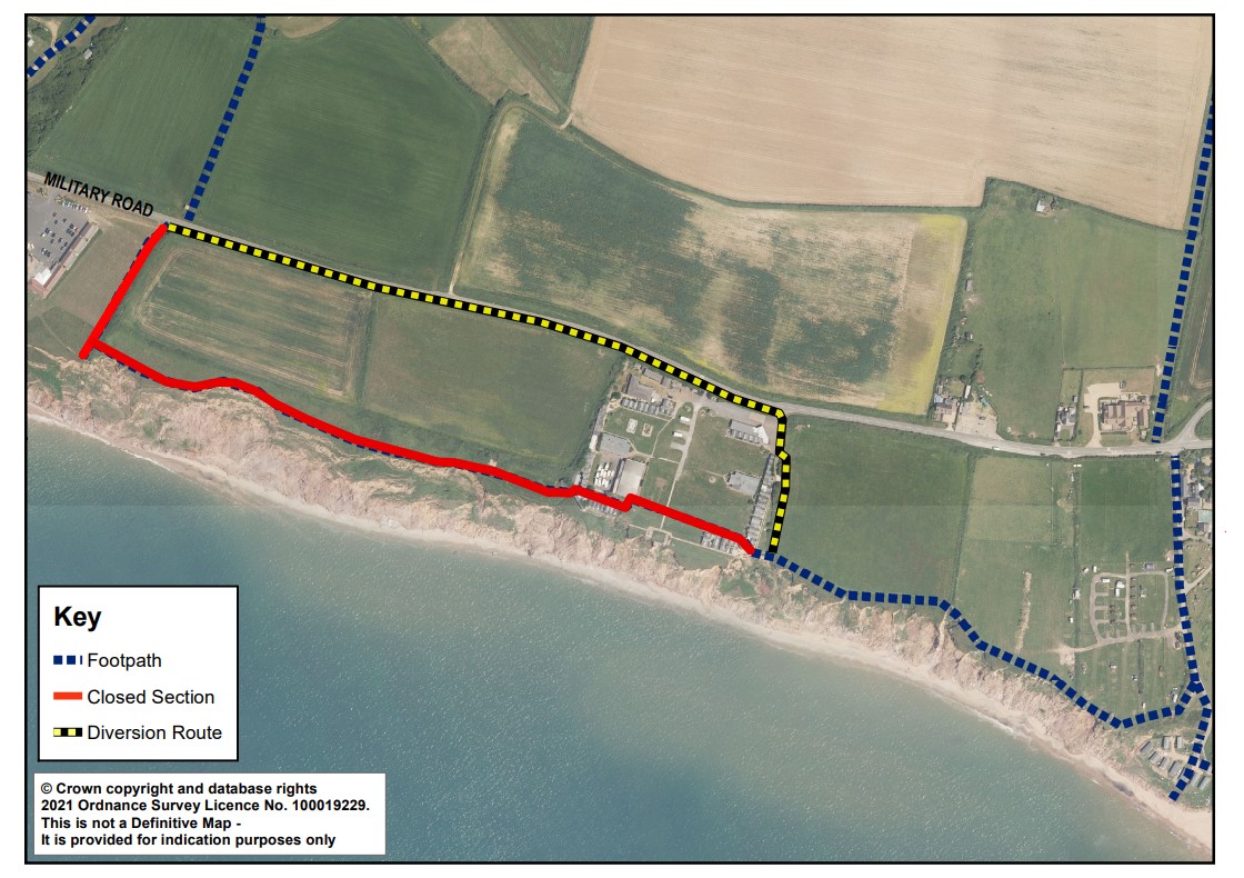 We've closed a permissive public access on the coastal path between Isle of Wight Pearl and Brighstone Holiday Centre for public safety and site security.

Diversion is signed via the verge on the Military Road. We will give updates when we know more.
#isleofwight
#iwnews