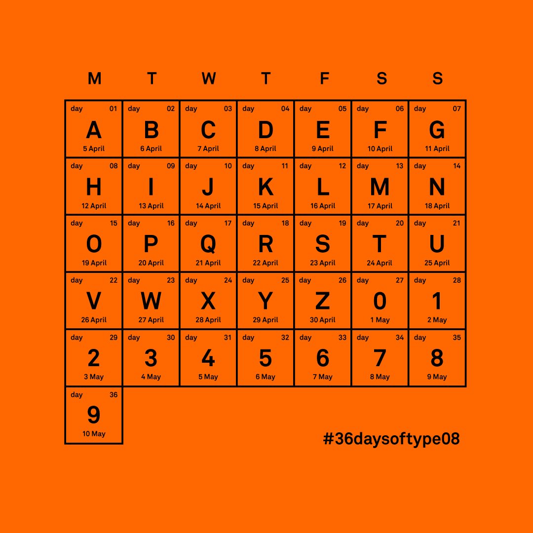 This is the official calendar for the 8th edition of 36 Days of Type! 🧡🔥 Stay tuned for the next posts to know more about this upcoming 2021 edition and how to take part. #36daysoftype #36daysoftype08 #2021edition #typography #36dot
