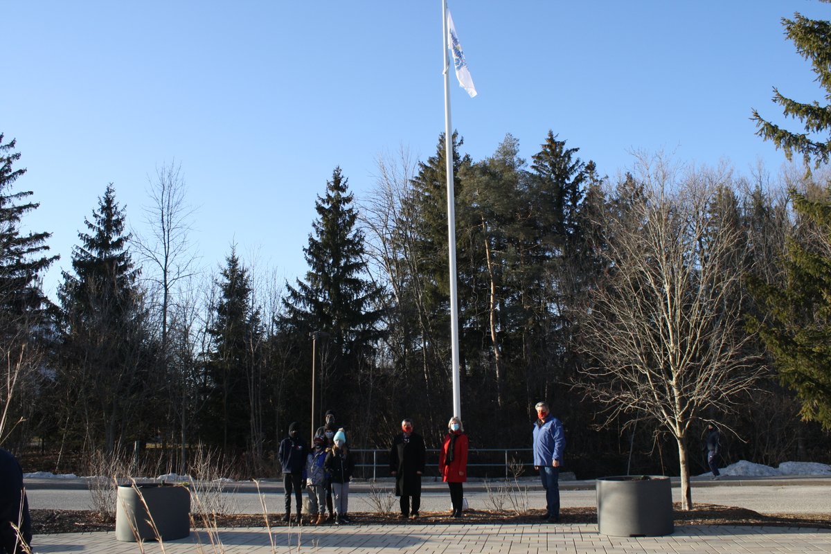 townofeg's tweet photo. Thank you to Angela Driscoll and her family for joining Mayor Hackson and Councillors Foster and Crone to raise the York Region Down Syndrome flag at the Civic Centre today. The flag was raised on behalf of @DSAYR in recognition of World Down Syndrome Day this Sunday #WDSD21 https://t.co/Oli8mpN9PN