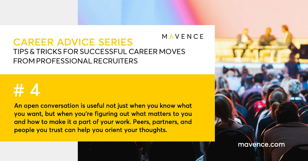 Mavence Career Advice Series - no.4:

An open conversation can be a game-changer not just in pursuing your goals, but in helping to orient yourself and evaluate priorities for future career moves.

#Mavence #recruitment #career #talent #hiring #hr #business
