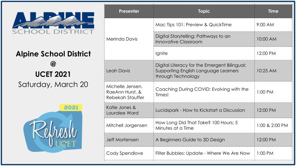 InnovateAlpine's tweet photo. If you are attending @UCET Saturday, be sure to catch these great sessions by @alpineschools educators. You can also join in on the conversation by using the hashtags #InnovateAlpine and #UCET21. https://t.co/dRnqP7x3nE
