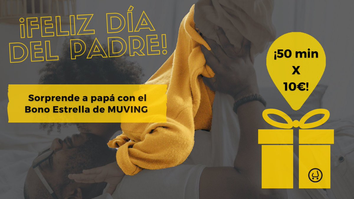 🟡¡FELIZ DÍA DEL PADRE! 👨

Aprovecha y regala o “autorregálate” #movilidadsostenible con el bono estrella 🌟 de MUVING.

¡¡50 min X 10€!!

➡️ muving.com/tarifas

#muevetesindejarhuella 💛🛵