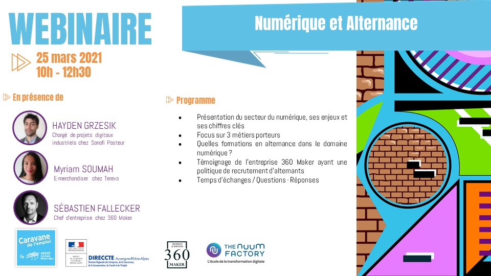 TheNuumFactory's tweet photo. [INVITATION WEBINAIRE 25.03 10h] @TheNuumFactory et la #Caravanedelemploi animent un webinaire sur «Numérique et alternance» ! Programme : présentation du #secteur du numérique, des #métiersporteurs, intervention de #HaydenGRZESIK, #MyriamSOUMAH, et #360Maker #SébastienFallecker. https://t.co/xW1rgT6DdR