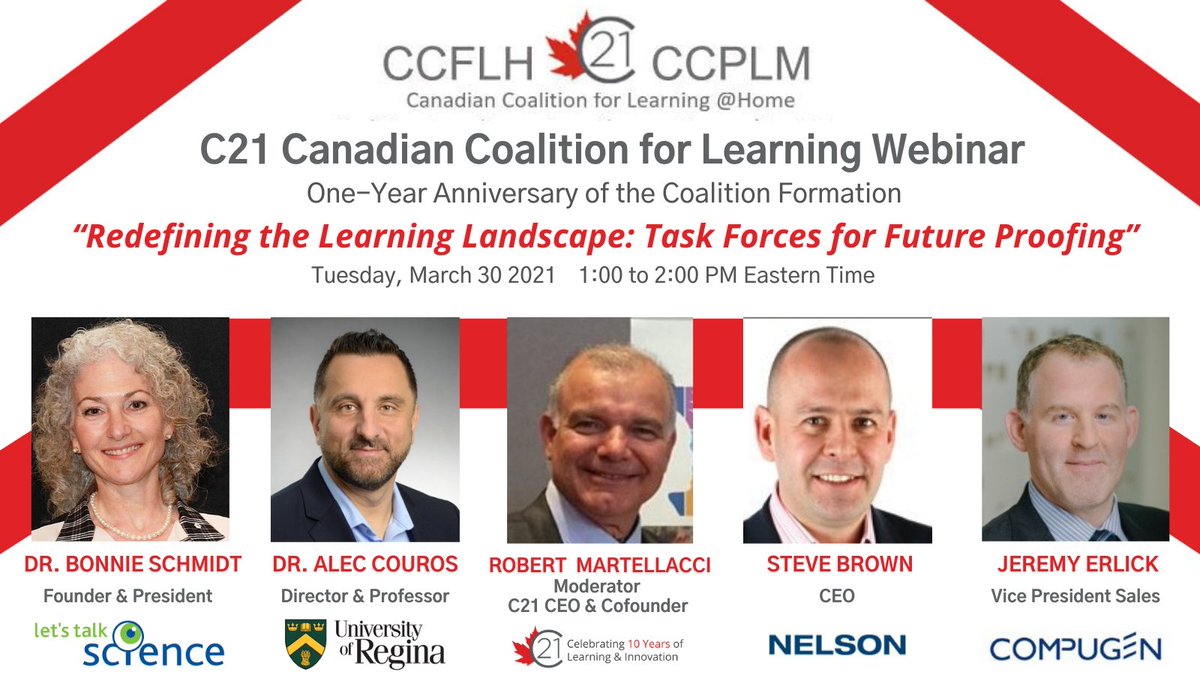 C21Can's tweet photo. The Canadian Coalition for Learning @ Home
'Task Forces For Future Proofing Webinar'
Tuesday, March 30th, 1pm ET
Register for FREE Webinar Featuring @BMSchmidt @courosa @MindShareLearn @NelsonSteveB @jeremyerlick #CDNEd #edchat #FutureReady @CCMEC @C21CEO https://t.co/j1OUk3rWDQ