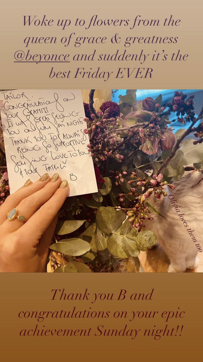 NÓS ESTAMOS VIVENDO POR ESSA AMIZADE! 🌸✨

A cantora Beyoncé enviou um buquê de flores e uma carta parabenizando Taylor por ter conquistado seu terceiro AOTY no #GRAMMYs! 

Taylor Swift | Instagram Stories