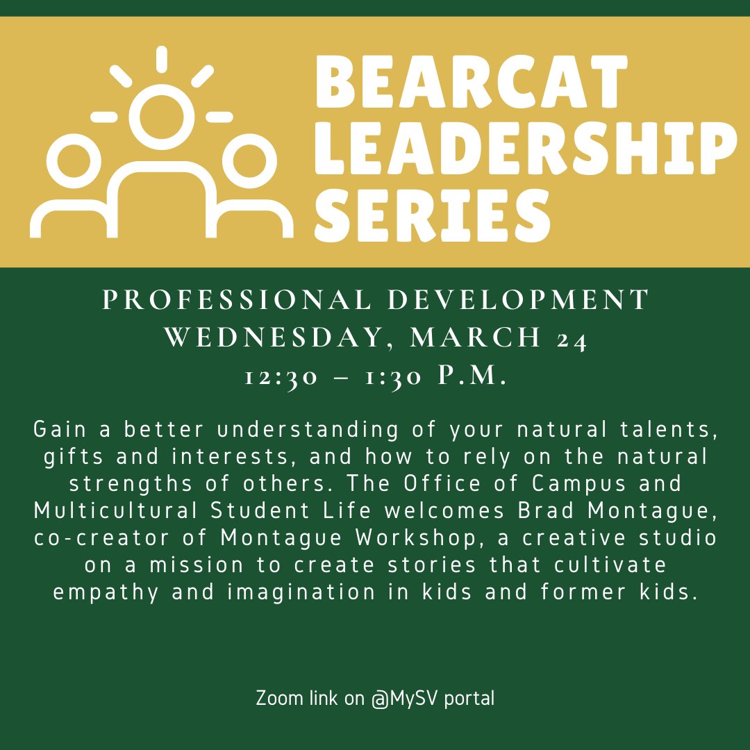 SVCcareers's tweet photo. Mark your calendar for the Bearcat Leadership Series Wednesday at 12:30 via Zoom. The more sessions you attend, the more chances you have to win a top housing lottery ticket or premier parking pass.  Zoom link on portal Wednesday.
https://t.co/Ot4R0FjoqC https://t.co/UNLqNgD1mT