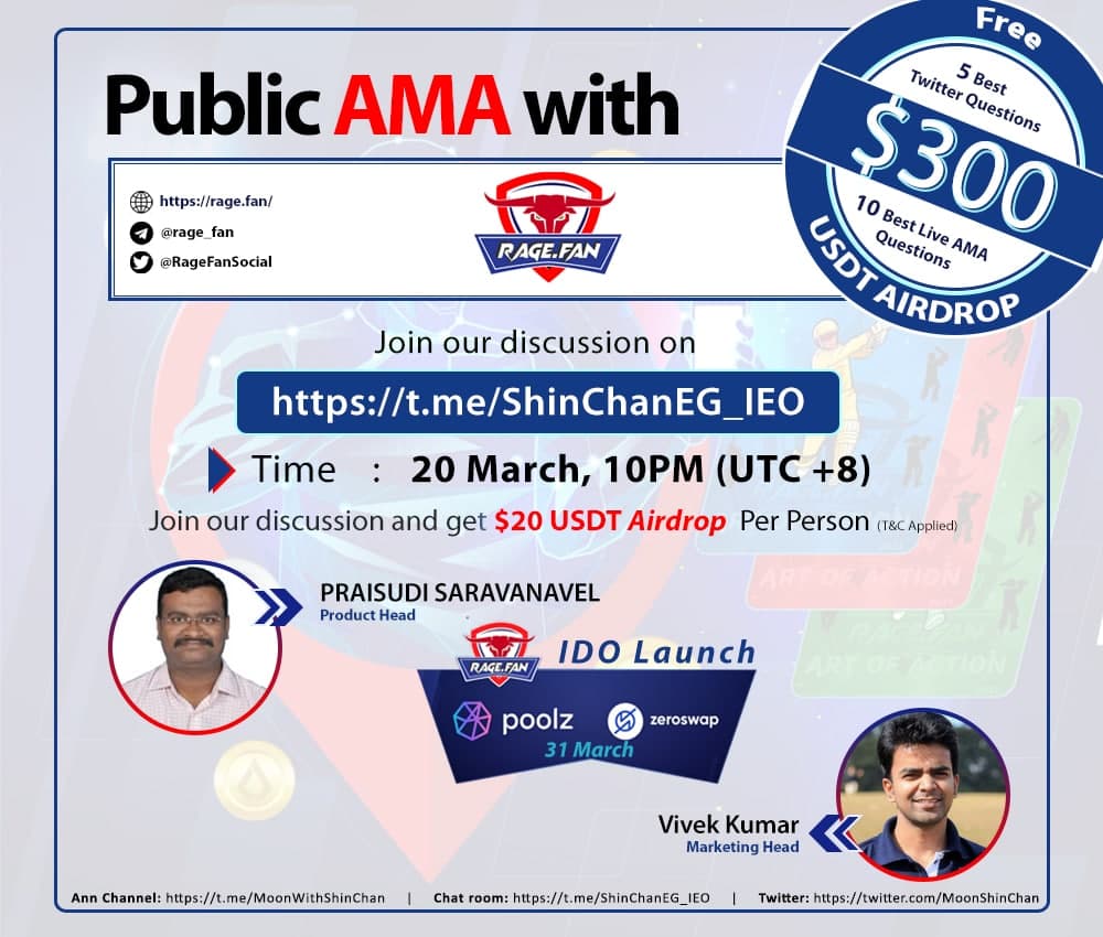 RageFanSocial's tweet photo. 🚨It's raining #AMA's🚨
🎉Moon With Shin Chan hosts #RageFan

🏡Venue: https://t.co/lyVpO0jZ9B
 🔜Timer: https://t.co/yNmR6YVcH9
📅March 20th⏲️10 PM UTC+8
🤩$300🤑

✍️Rules:
1⃣ Follow @RageFanSocial &amp; @MoonShinchan
2⃣ Like, Retweet &amp; Tag all Friends
3⃣ Ask questions👇

#Giveaways https://t.co/wqZgm6den8