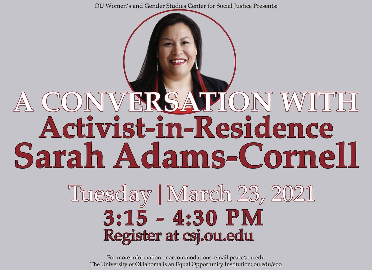 Join us March 23rd for the second of three events with Sarah Adams-Cornell! OU student, Aly Cherry, will interview Sarah on how she came to co-found Matriarch, what it's like to get a bill through state legislature, and much more. Visit csj.ou.edu to sign up!
