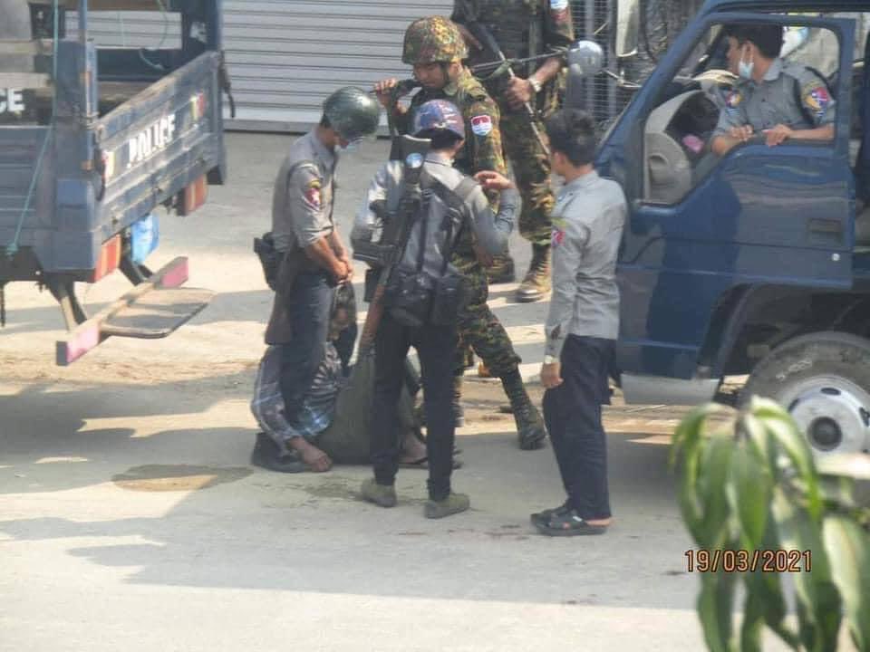 North Okkalapa,Yangon: Images of terrorists strangling a civilian’s neck with a rope alike. In the last photo,it can be seen that the neck was broken down. One of the cruel actions of Inhuman animal terrorists.
#WhatsHappeningInMyanmar 
#Mar19Coup
