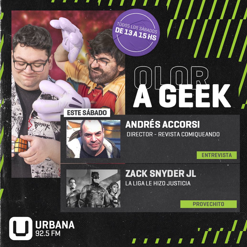 ESTE SÁBADO!!! NOTICIAS+SNYDER CUT+ANDRÉS ACCORSI+FUNKO DE HOY+MÚSICA y más... De 13 a 15 somos Olor A Geek. Por @urbana925 👃🤓📻 #olorageek #geek #nerd #snydercut #andresaccorsi #comiqueando #radio #uruguay