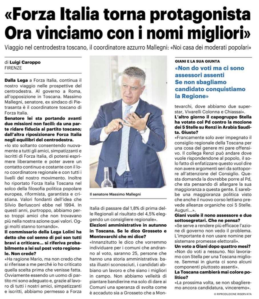 📰 Rassegna stampa: intervista al nostro coordinatore regionale di <a href="/forza_italia/">Forza Italia</a> Toscana Sen. <a href="/MassimoMallegni/">massimo mallegni</a>  su La Nazione
#19marzo #Toscana <a href="/GruppoFISenato/">Senatori Forza Italia</a>