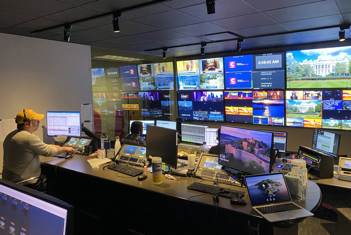 nycjim's tweet photo. Flashback, 3.20.2020: My last day in the @cheddar control room with @ebucsfan, @P_Koenig and a canister of Clorox wipes. https://t.co/B5v6EyJhxV