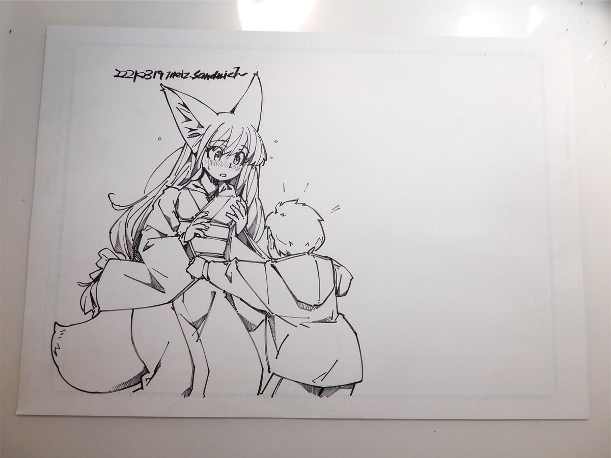 手前の二人の、着物の柄を描く前と後。レイメイ藤井のペン一本でいけます。 
