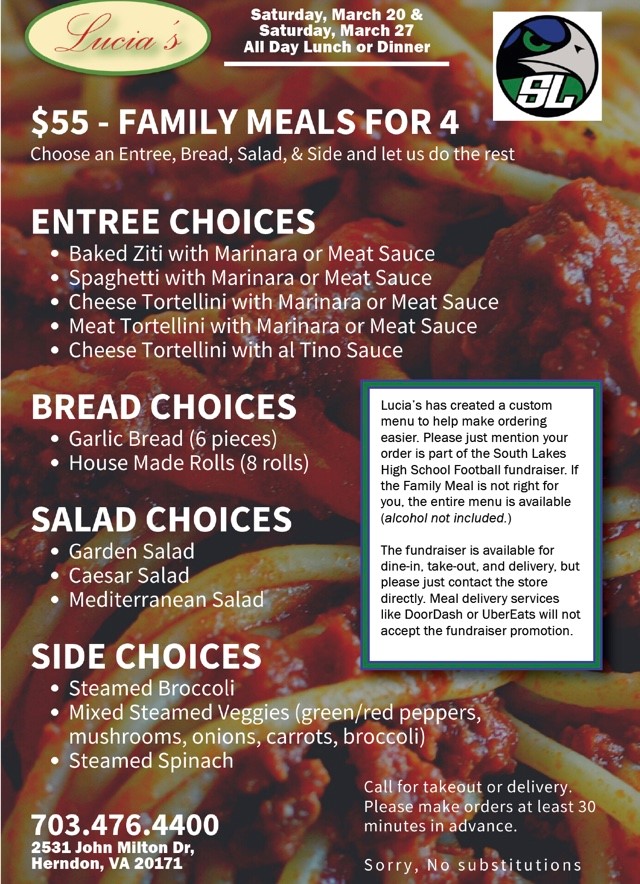 Want to help raise money for our football team while eating great food with family and friends?!?! Look no further we have a deal for you this Saturday at Lucia's