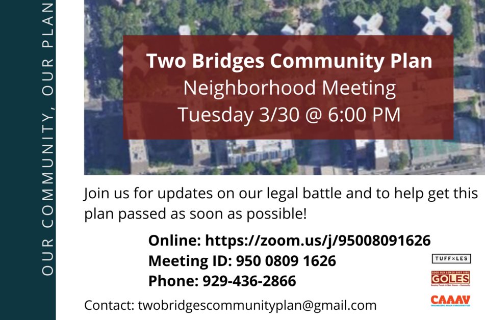 TwoBridgesPlan's tweet photo. 🗣️ The fight in Two Bridges isn't over until WE say it is. Our next meeting is on 3/30!
Join us for updates, more info about the plan, and some simple ways you can help stop luxury mega-towers on the waterfront.
E-mail for a direct link! #twobridgescommunityplan @TUFFxLES https://t.co/yfeiuLUnlj