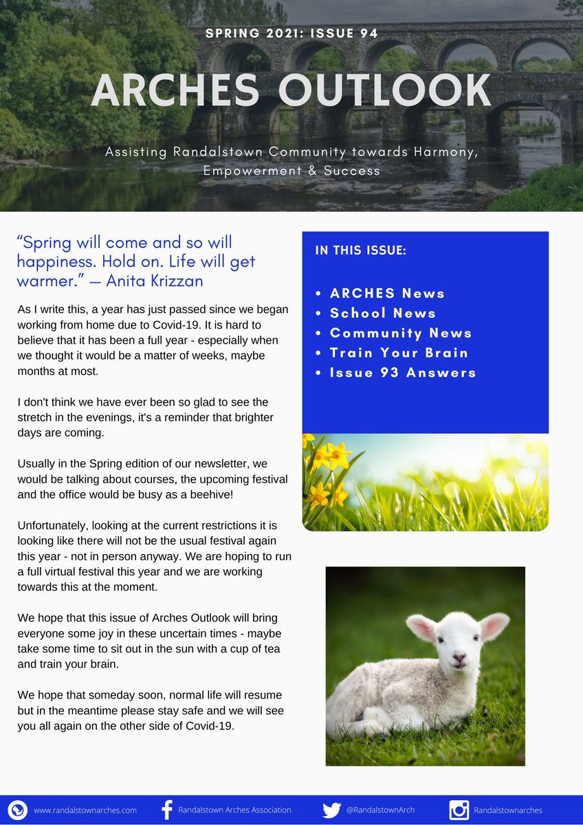Arches Outlook Issue 94 - Spring 2021 🌻

The Spring 2021 is now LIVE and available to view in time for the weekend 
Sit back, have a cup of tea or glass of wine, relax and enjoy 🗞

randalstownarches.com/wp-content/upl…