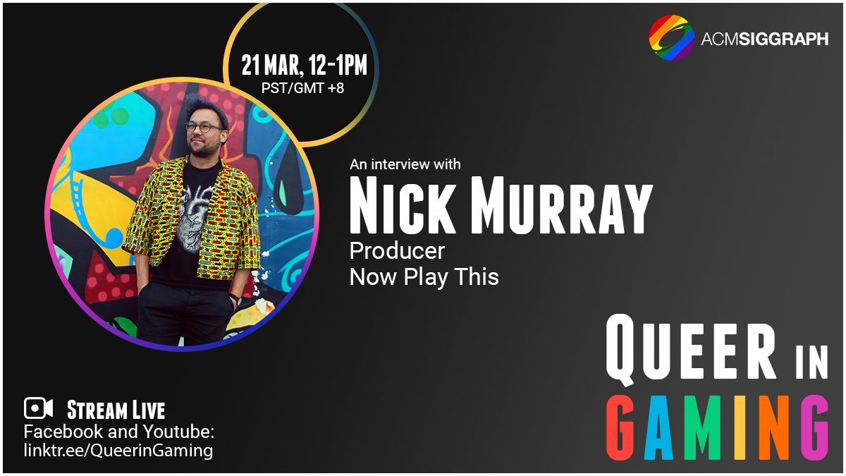siggraph's tweet photo. More great #QueerinGaming content this weekend! Join us on Sunday, 21 March on Facebook and YouTube for a live stream interview with Nick Murray, Producer of Now Play This. 👍 #SIGGRAPH2021 #Diversity #Inclusivity (cc: @nowplaythese @cassettewitch) https://t.co/CRMLSSdy4m https://t.co/y4KmVaS13J