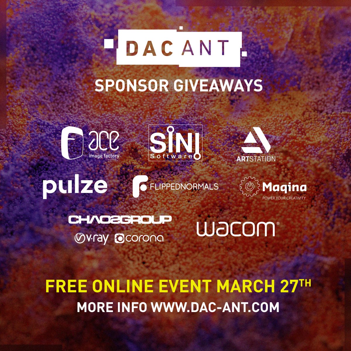 Go to dac-ant.com for a chance to win one of our awesome giveaways!

DAC-ANT is a free online event for digtal artists on March 27.

#giveaway #prize #free #online #conference #digitalart #cintiq #vray #coronarenderer