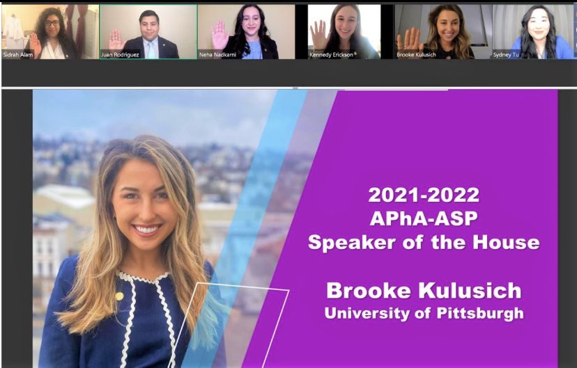 pittpharmacy's tweet photo. 🚨2021 APhA-ASP National Election Alert 🚨 We are proud and absolutely thrilled to report that Brooke Kulusich P3 has been elected to serve as the @APhAASP National Speaker of the House! Help us congratulate Brooke on this amazing opportunity! 👏🏽🥳 🎉
@pittpharmacy @PittTweet https://t.co/o3PBOP7KwO