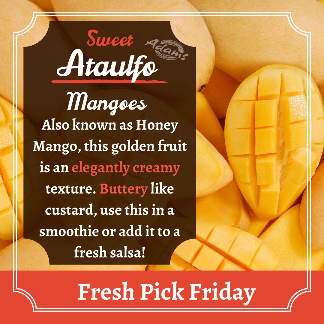 AdamsMarkets's tweet photo. It's #FreshPickFriday! π₯
This week we have the beautiful Ataulfo Mango! Don't get this golden goodie mistaken with its fibrous cousin. When ripe, this sweetie is smooth as can be!
#WhenFreshnessCounts #SweetAndSmooth #SoundsLikeMyType π #TropicalTastes
https://t.co/hSRJobasw4 https://t.co/MSTmPNTBPw