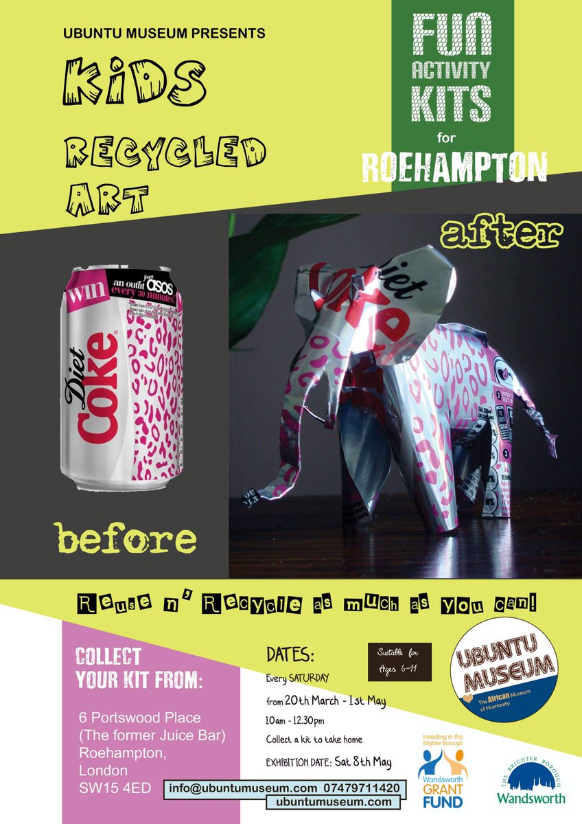 ubuntumuseum's tweet photo. Pick up a fun recycled Art kit for kids tomorrow Saturday 20th March. Suitable for ages 6-11. From 10am - 12.30pm at 6 Portswood Place (the former Juice Bar), Roehampton SW15 4ED. https://t.co/pI7qp0a7D1