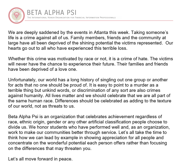 _BetaAlphaPsi's tweet photo. A statement from Beta Alpha Psi’s President Rita Grant in regards to the events this week. https://t.co/Avrx22N7Di