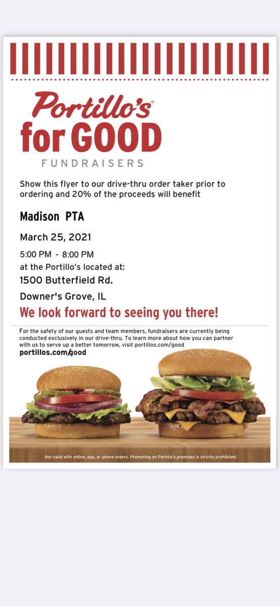 Thursday is the next PTA fundraiser.
You can order at the restaurant or drive thru.  Tell them you’re supporting the Madison PTA! 🍔 🥤 🌭 🥗 🍟 #madison44