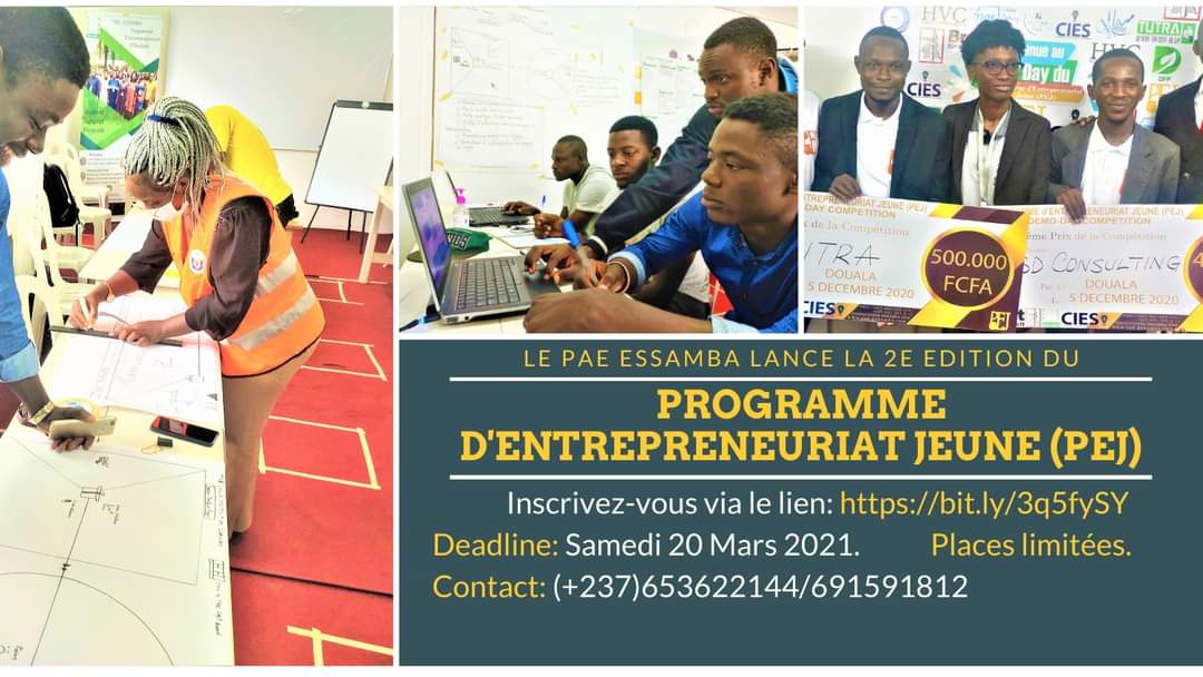 DebeyPamela's tweet photo. @PaeEssamba Lance la 2e édition de son Programme d'Entrepreneuriat Jeune (PEJ), qui a pour objectif de transformer votre idée de projet en entreprise bancable et viable. Une formation de qualité sur 5 mois. Une Table ronde pour son lancement le 31 mars 2021 à Douala, Cameroun. https://t.co/MTNHWvB8iv