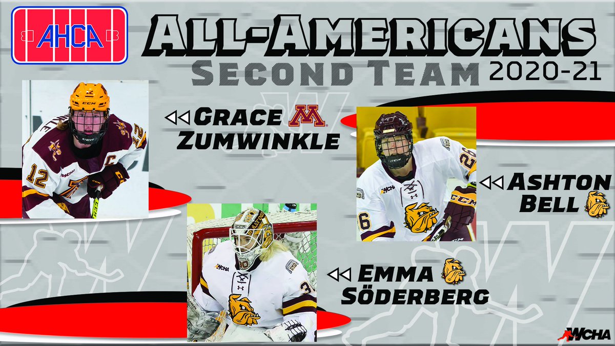 WCHA_WHockey's tweet photo. Two Bulldogs and a Gopher walk into an ice rink . . . and come out a season later with Second Team All-America honors! Congratulations to @gracezumwinkle, @Abell17Bell and @emmasoderbrg on an incredible year!

🔗https://t.co/oNMR38jWUj

#WeAreWCHA | #LeadersAndChampions https://t.co/4UurG5XKbF