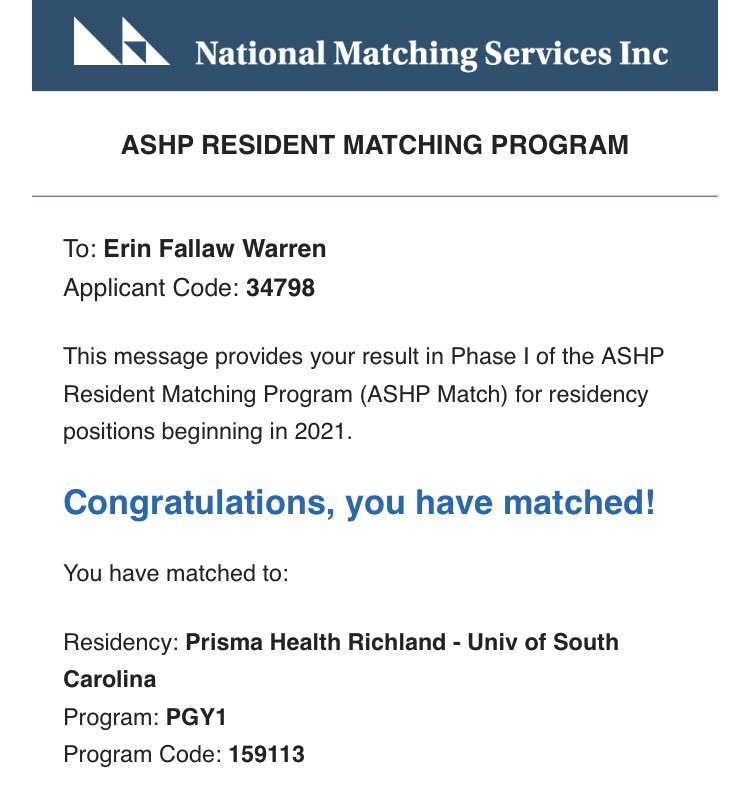 ErinFWarren's tweet photo. The email I’ve wanted to see since I started pharmacy school 4 years ago! I matched!! Over the moon excited to be continuing my training as a PGY1 resident with @PHUofSCPharmRes!!! 🤗🤗#UofSCCOPMatch2021 https://t.co/zPSTaR88gM