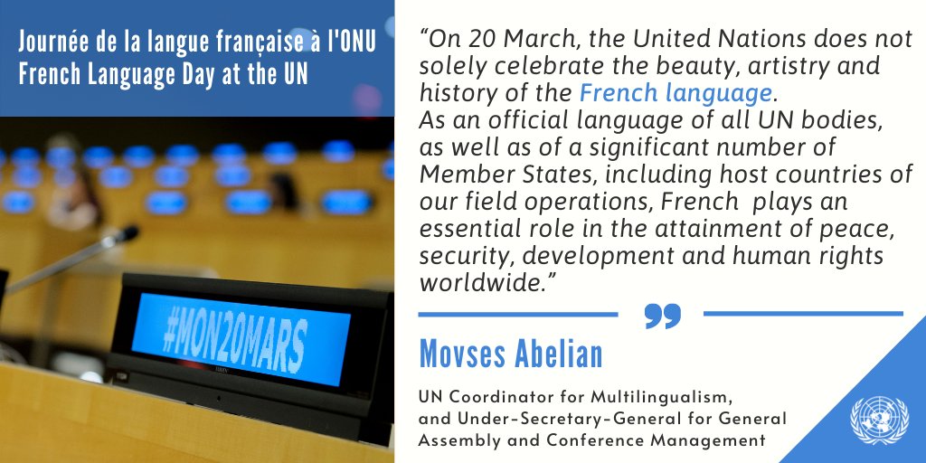 Ahead of #FrenchLanguageDay, USG Abelian, as UN Coordinator for #Multilingualism, underlines how the #French #language contributes to the goals of the UN👇🏾
 
#Mon20Mars #journeeinternationaledelafrancophonie