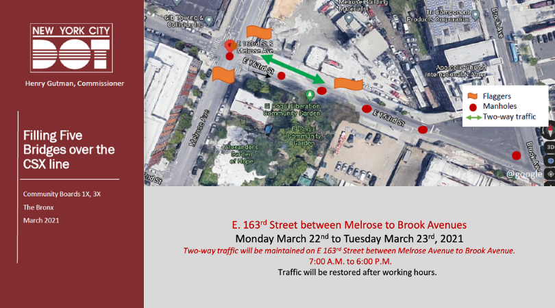 NYC_DOT's tweet photo. Work on E163rd St between Melrose Ave and #BrookAve in #theBronx will take place on 3/22-3/23, 7AM-6PM. Parking lanes will not be affected and two-way traffic will be maintained by flaggers. Motorists are encouraged to use caution. https://t.co/52RMY6CZu2