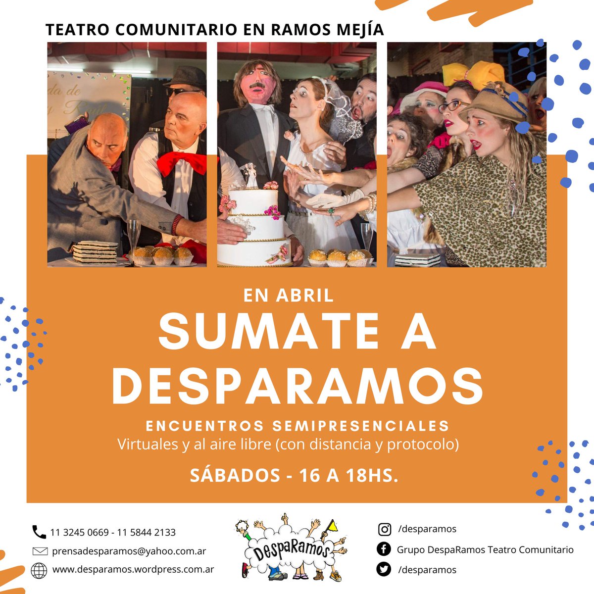 DespaRamos's tweet photo. 🎭En abril, sumate al grupo de Teatro Comunitario de Ramos Mejía🎭
Si querés formar parte de este proyecto que ya lleva 17 años de producción artística, este es el momento!

Escribirnos por privado, enviarnos un mail o mandarnos un mensaje por Whatsapp📩📱 https://t.co/UKf6q9Y0ox