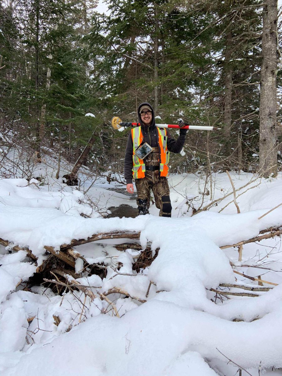 DesignPointEng's tweet image. The snow can’t stop our surveyors! Ben is all smiles completing a watercourse survey in Cape Breton this week ⛄️