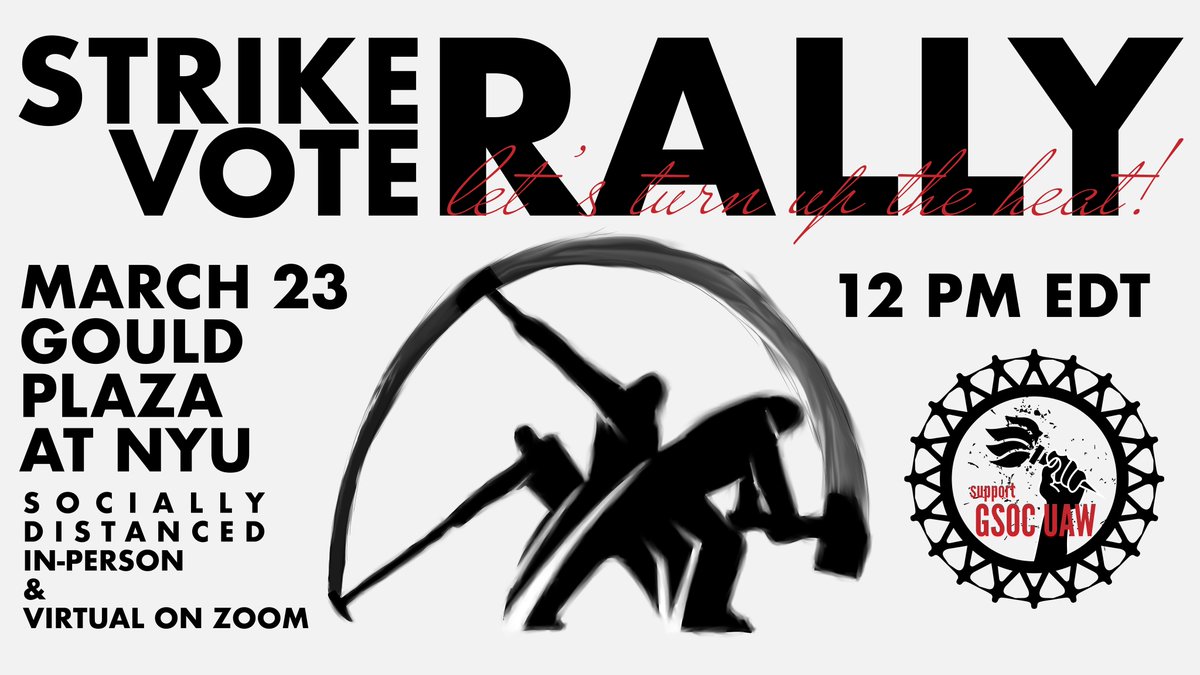 NYU has been stonewalling negotiations for 9 months. Enough is enough. Our bargaining committee announced a STRIKE VOTE starting 3/23. Check your inbox, make a plan to vote yes, and join us at the Strike Vote Rally on 3/23 at noon ET. RSVP: bit.ly/StrikeVoteRally. #StrikeOnNYU