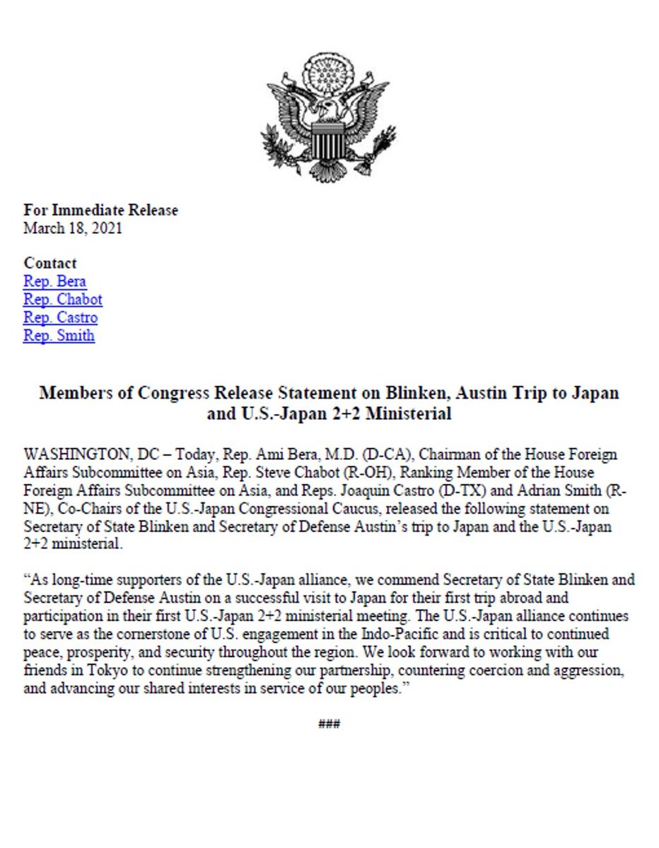 Co-Chairs of the U.S.-Japan Caucus released a statement on @SecBlinken's visit to Japan. We look forward to maintaining this important relationship.