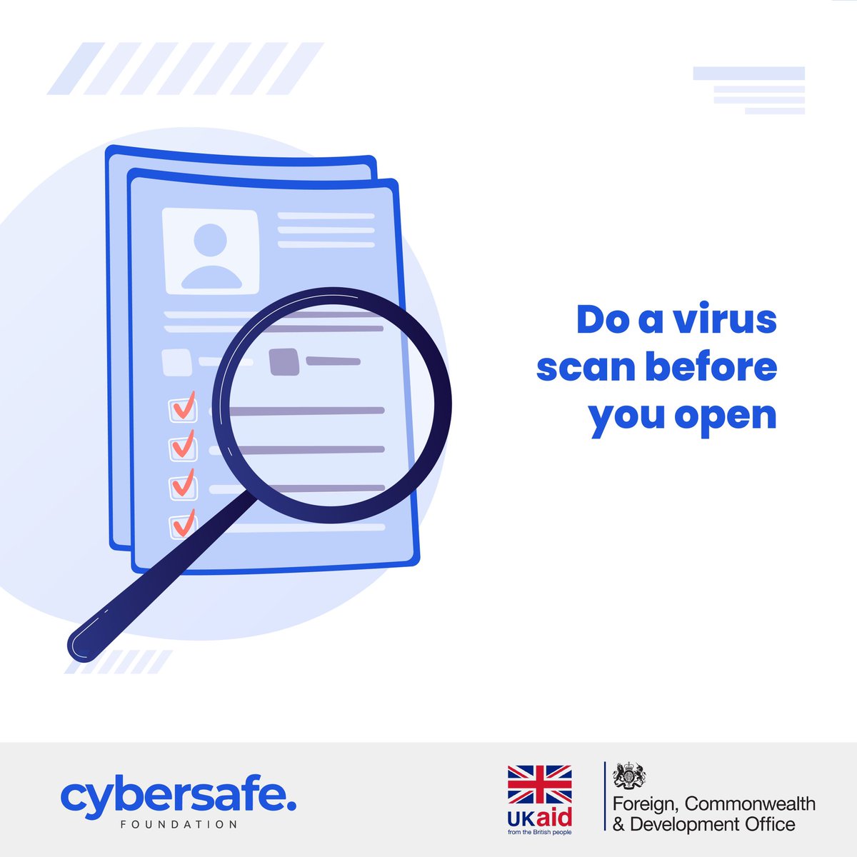 cybersafehq's tweet photo. Malware is often delivered using email attachments. As a rule of thumb, I always scan for viruses before I open the attachment. You can do so using https://t.co/SBol8WZIzu.
Scan all email attachments even if they are from a trusted source.
#SDCDC19 #Cybersafe #NoGoFallMaga https://t.co/4pCaNE8mLQ