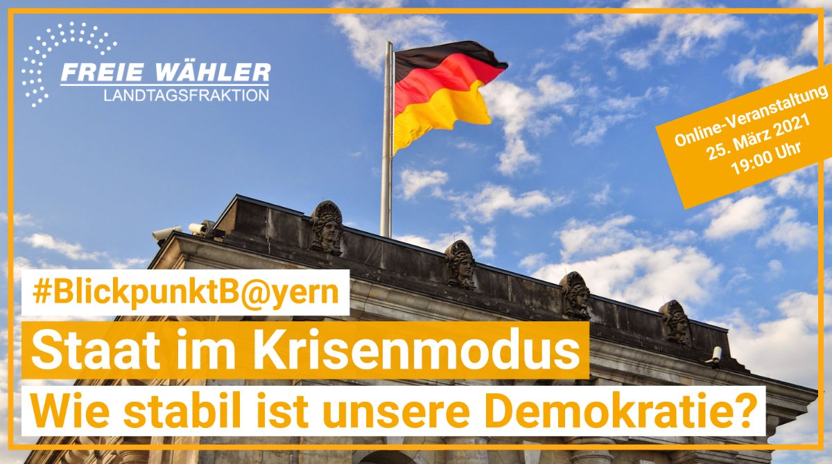 fwlandtag's tweet image. ***Premiere am 25. März 2021 um 19:00 Uhr*** - unser neues Format „Blickpunkt B@yern“ geht erstmals live. Thema: „Staat im Krisenmodus – wie stabil ist unsere Demokratie?“ Mehr Infos gibt’s nächste Woche hier. Seid gespannt!
.
#FREIEWÄHLER #bayernsstarkemitte #angepacktfürbayern