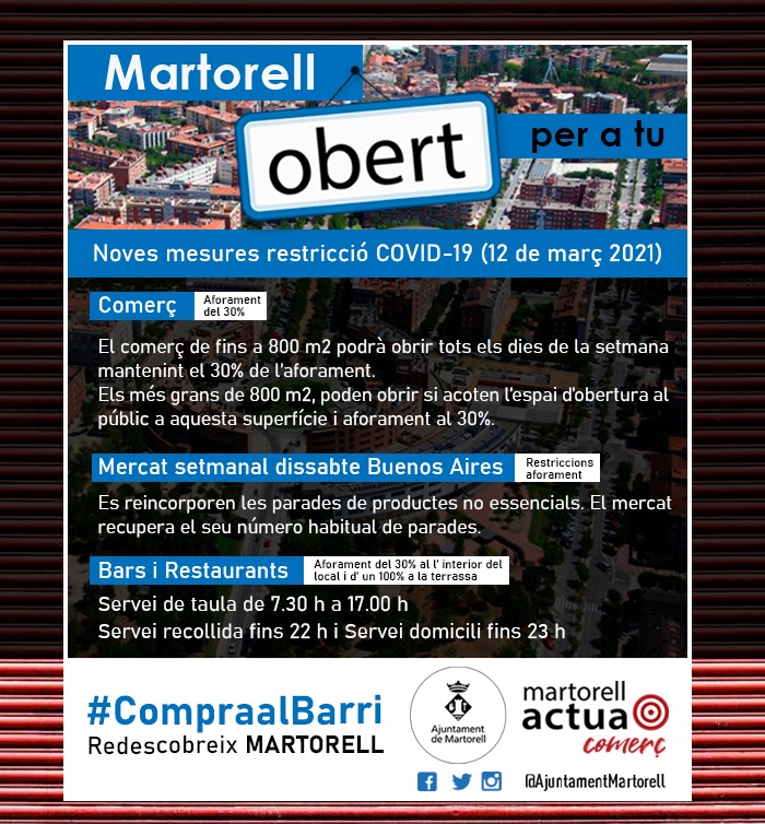AjuntaMartorell's tweet photo. 🛍 #Martorell OBERT PER A TU‼️ Recorda que el comerç no essencial pot obrir també els caps de setmana, i el mercat setmanal de dissabte de Buenos Aires torna a comptar amb totes les seves parades al carrer.
❤Ara et toca a tu! #MartorellActua #compraalbarri #comerçdeproximitat https://t.co/t8lVVIGJgP