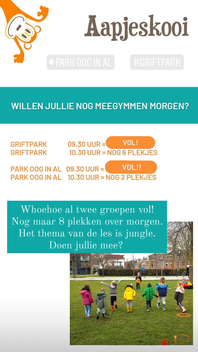 Er zijn nog een paar plekjes vrij bij onze kleutergym buitenlessen van morgen. Wie doet er mee? <a href="/Griftpark2013/">Groene Stadsgids 030 en 033</a> <a href="/parkooginal/">Park Oog in Al</a> <a href="/TuinwijkerUtr/">Votulaster Utrecht</a> <a href="/Sport_Utrecht/">SportUtrecht</a>