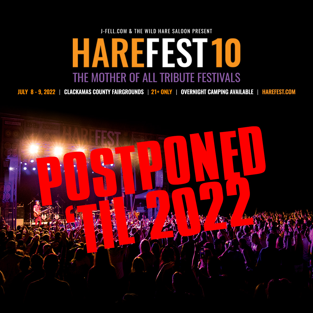Harefest's tweet photo. Dear Harefest Revelers,
It is with great disappointment that we must once again postpone Harefest 10 for another year. The new dates are July 8-9, 2022.   

Read the full announcement at https://t.co/8tQYnc5lti https://t.co/wit38oGKaI