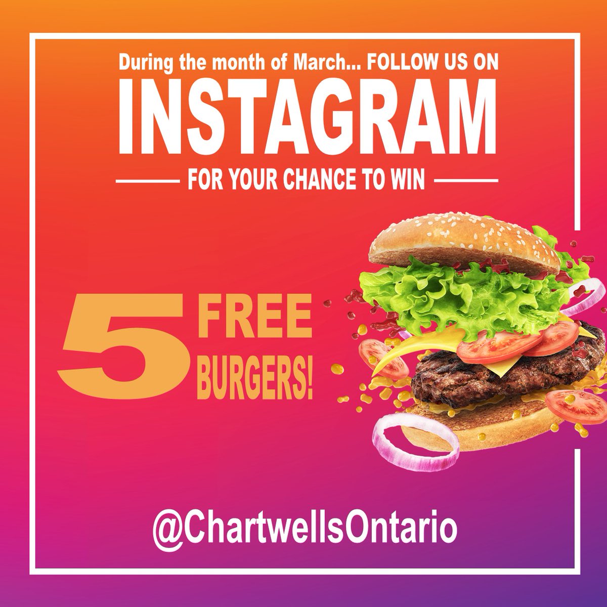 Don't forget to Follow Us on Instagram for your chance to win 5 Free Burgers!
The winner will be drawn on April 1st! If you win and your school is closed, you may still claim your prize when the location re-opens. Happy Friday! #ChartwellsK12Ontario