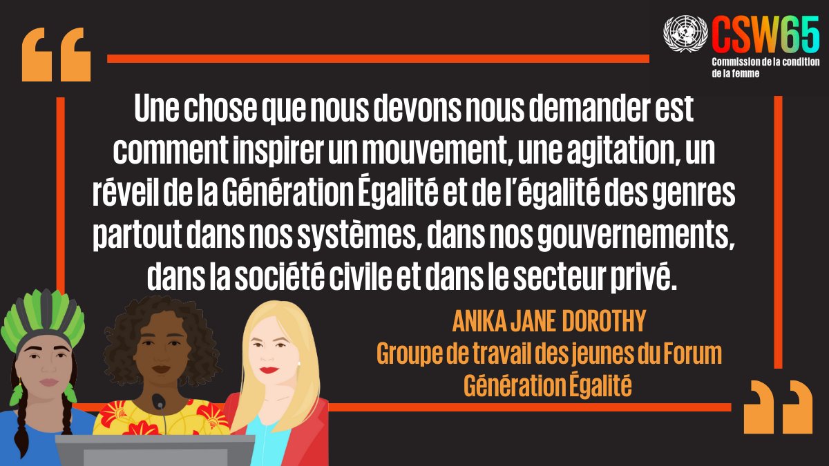 ONU Femmes (@onufemmes) on Twitter photo Il n’y aura pas d’égalité sans mobilisation, et les jeunes feront toute la différence.
Merci Anika Jane Dorothy du groupe de travail des jeunes du forum #GénérationÉgalité de nous le rappeler à l’occasion de la #CSW65. Il n’y aura pas d’égalité sans mobilisation, et les jeunes feront toute la différence.
Merci Anika Jane Dorothy du groupe de travail des jeunes du forum #GénérationÉgalité de nous le rappeler à l’occasion de la #CSW65.
