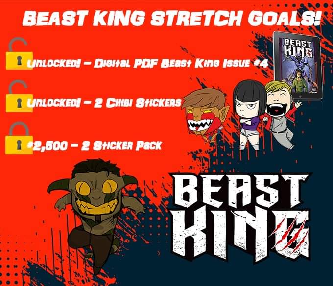 CrimsGateComics's tweet photo. First stretch goal for Beast King #4 has been unlocked! That means all physical backers get chibi stickers of Jake in his beast form and of Garrett and Liz. The next stretch unlocks once we hit $2,500 and then all backers will get a chibi sticker of Jake's uncle in beast form. https://t.co/kyQElbv7gi