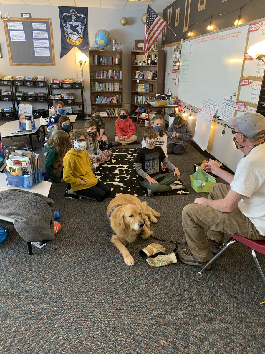 agourlayteach's tweet photo. Impromptu visit from Mr. Mike at Facilities talking to 5th graders about working dogs and the training involved. Mike shared his passion for animals and volunteering, as well as how kids can get involved. Lincoln (dog) let us all get some nice pets in, too! #ssdedu #brechat https://t.co/AfvyF8Vw1D