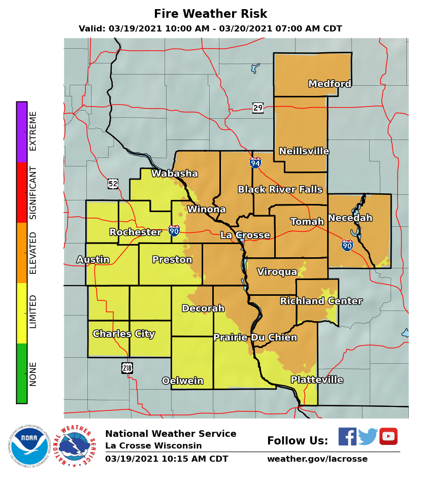 Any open burning is discouraged across portions of SE #Minnesota and all of SW #Wisconsin today. #Fire will escape containment much easier than normal and managing it could be difficult to impossible.

#MNwx #WIwx #Winona #LaCrosse #Wabasha #RochMN #Rochester https://t.co/6LsCSrtPI0