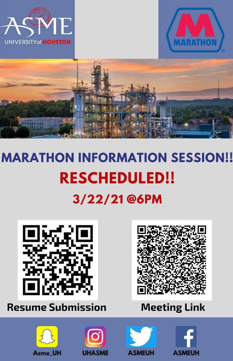 ASMEUH's tweet image. Our Marathon Information Session has been rescheduled to Monday March 22nd @6pm. Come out and learn more about Marathon and the opportunities they have to offer!!

MEETING AND RESUME SUBMISSION  IN OUR INSTABIO!!
@uhengineering #gocoogs #uhengineering #cullenengineering #uh2024
